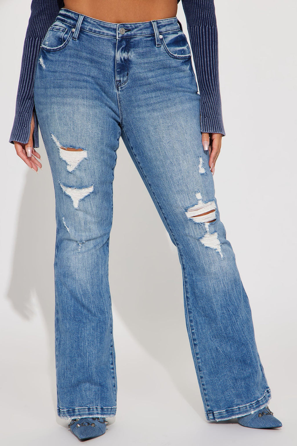 Marley Ripped Compression Flare Jeans - Medium Wash