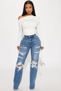 Posted Stretch Ripped Straight Leg Jeans - Medium Wash