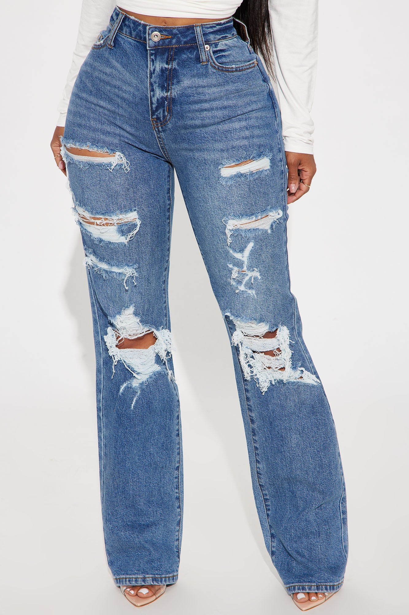 Posted Stretch Ripped Straight Leg Jeans - Medium Wash