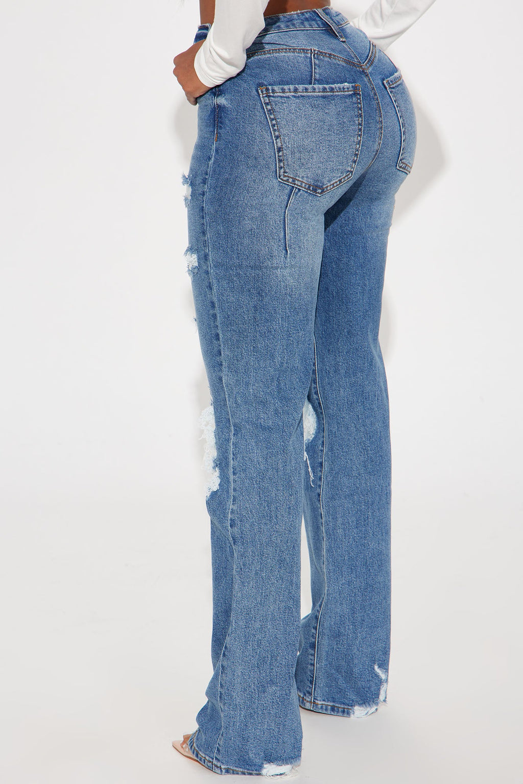 Posted Stretch Ripped Straight Leg Jeans - Medium Wash
