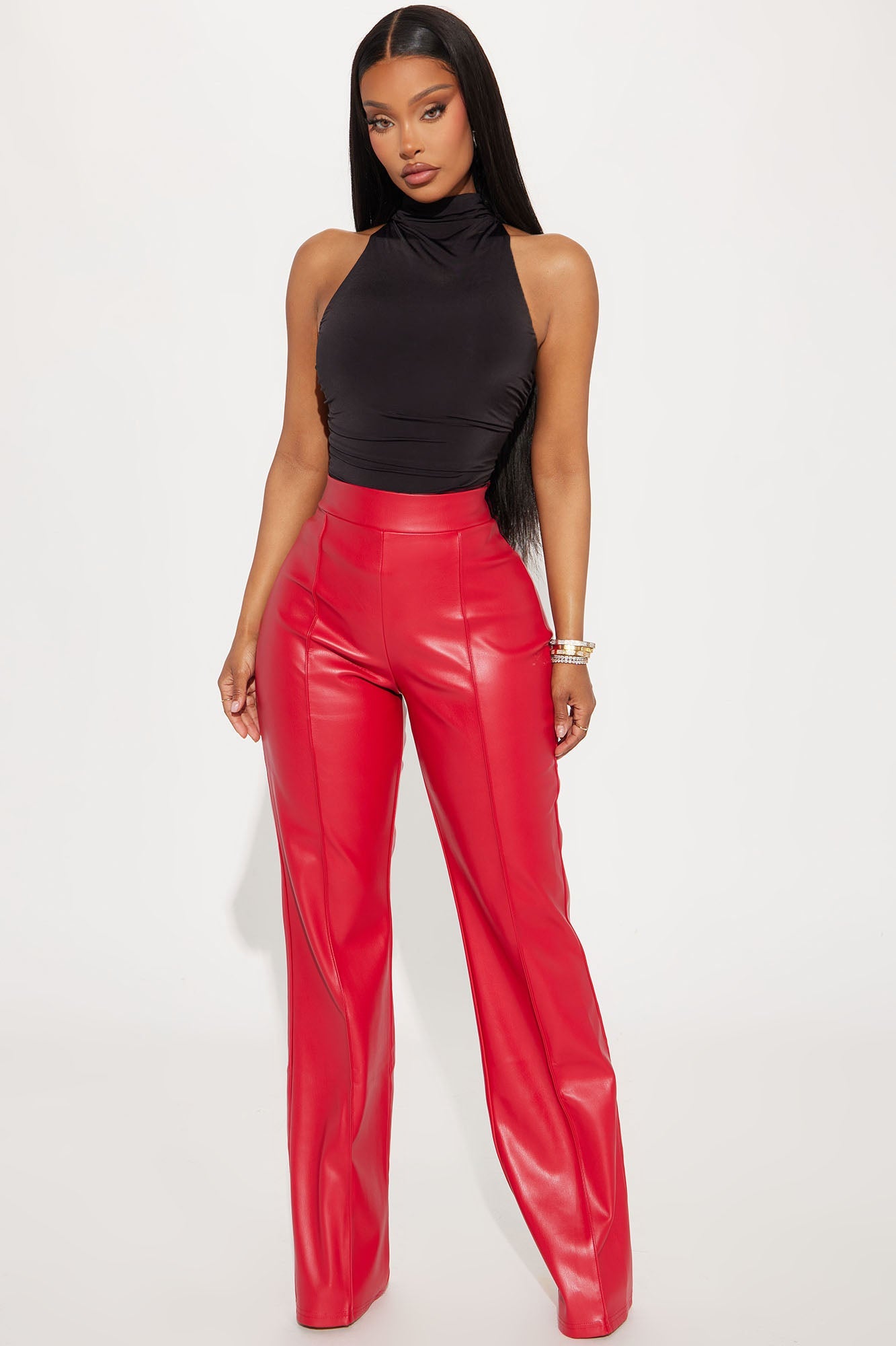 Victoria High Waisted Faux Leather Dress Pants - Red