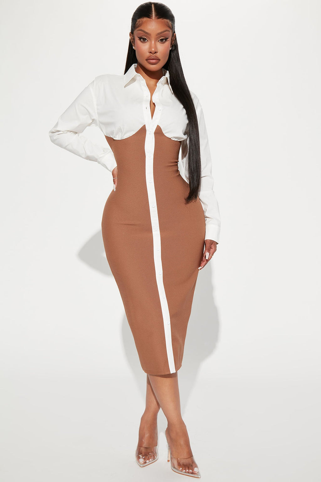 Let's Get Serious Midi Shirt Dress - White/combo