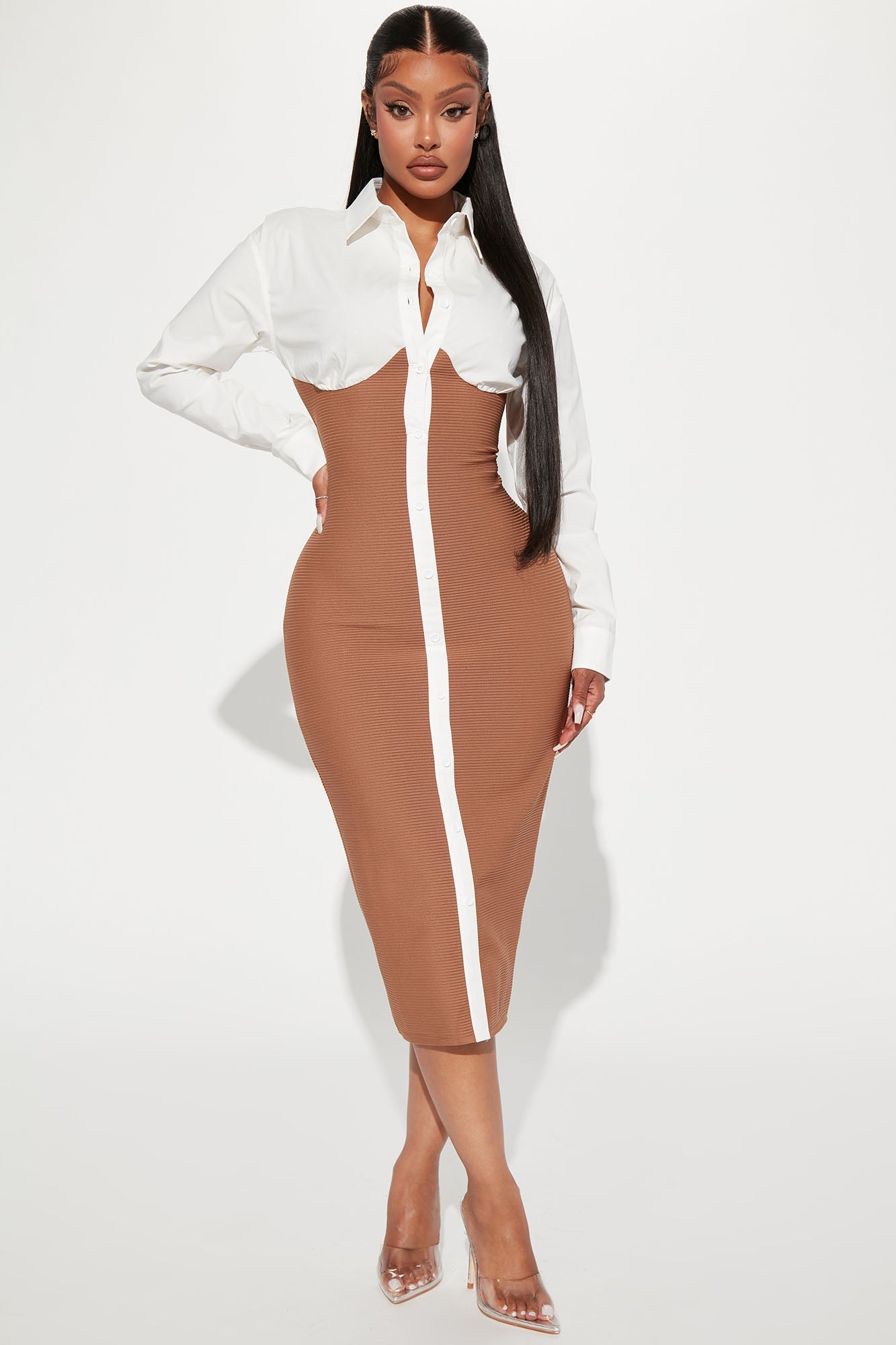 Let's Get Serious Midi Shirt Dress - White/combo