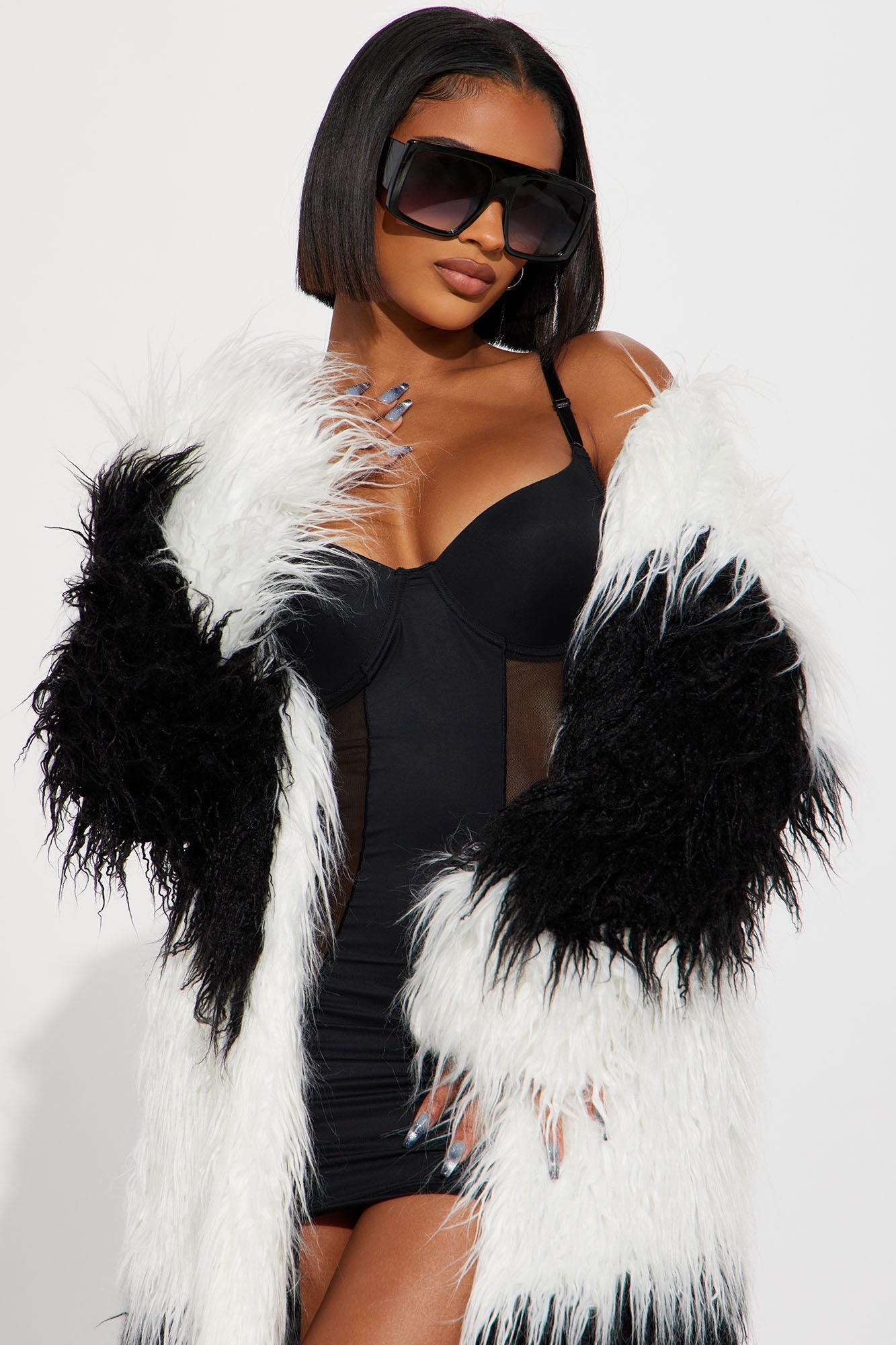Divine Faux Fur Coat - Black/White