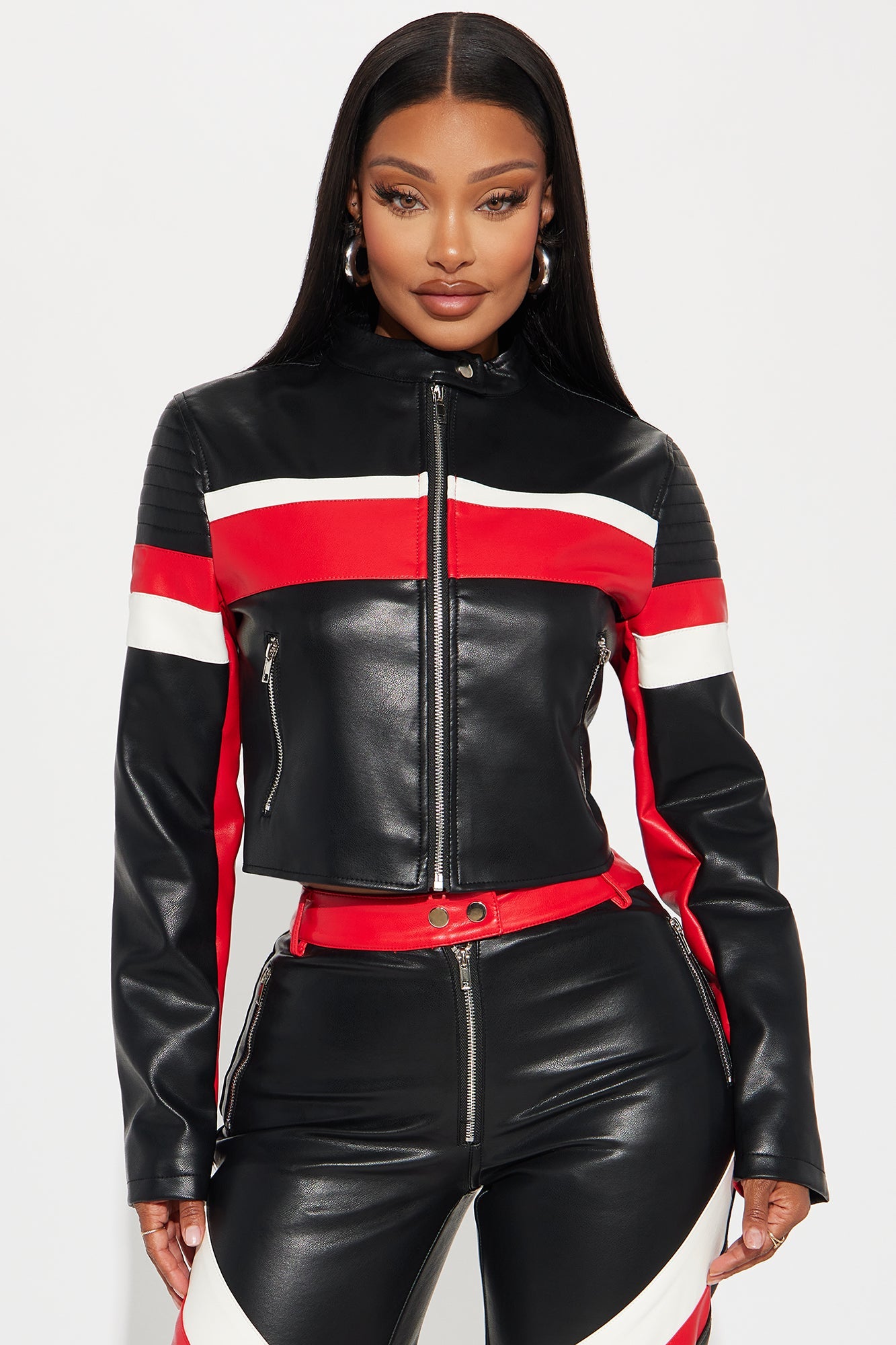 Going Fast Racer Faux Leather Pant Set - Red/Black