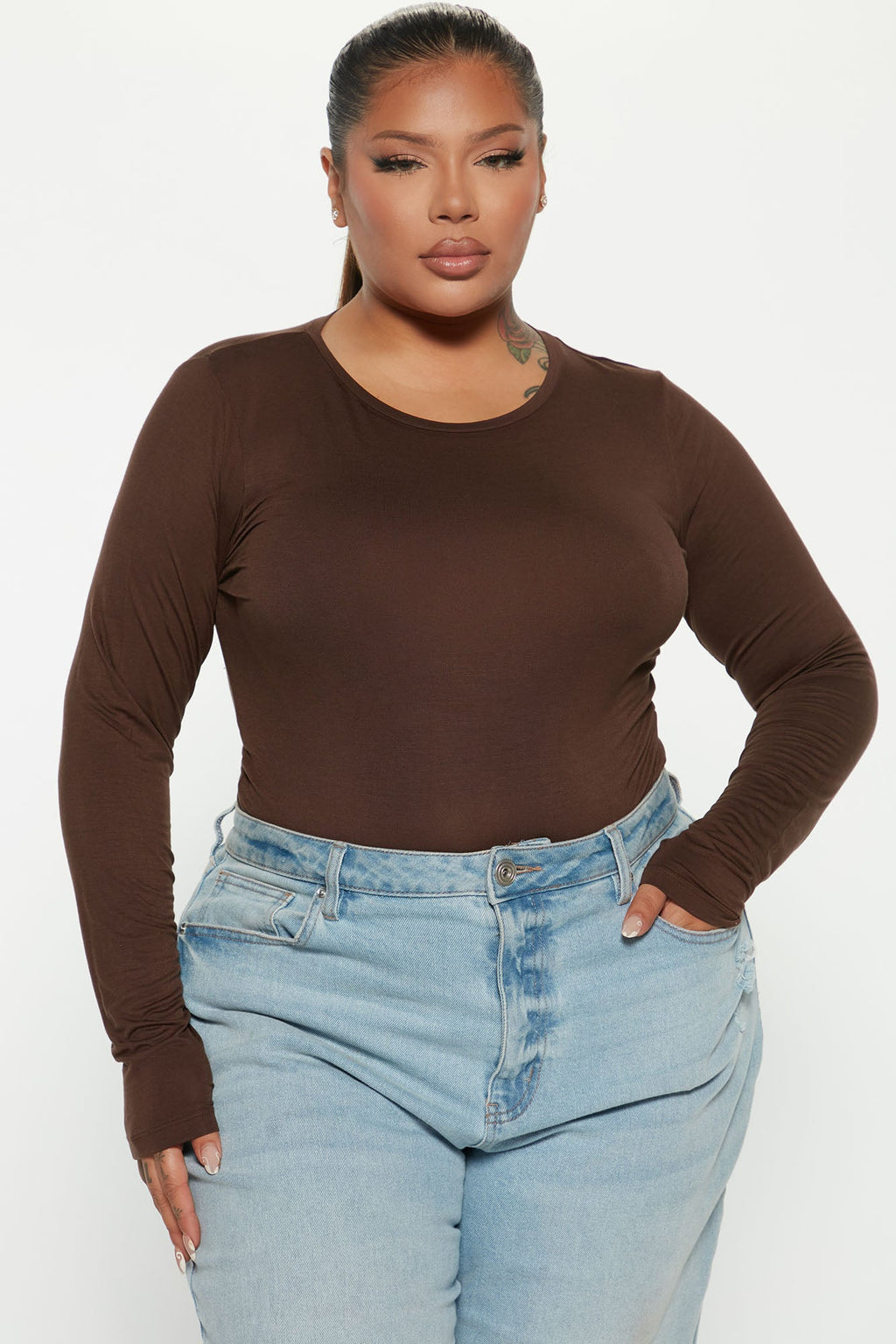 Krystal Crew Neck Long Sleeve Bodysuit - Chocolate