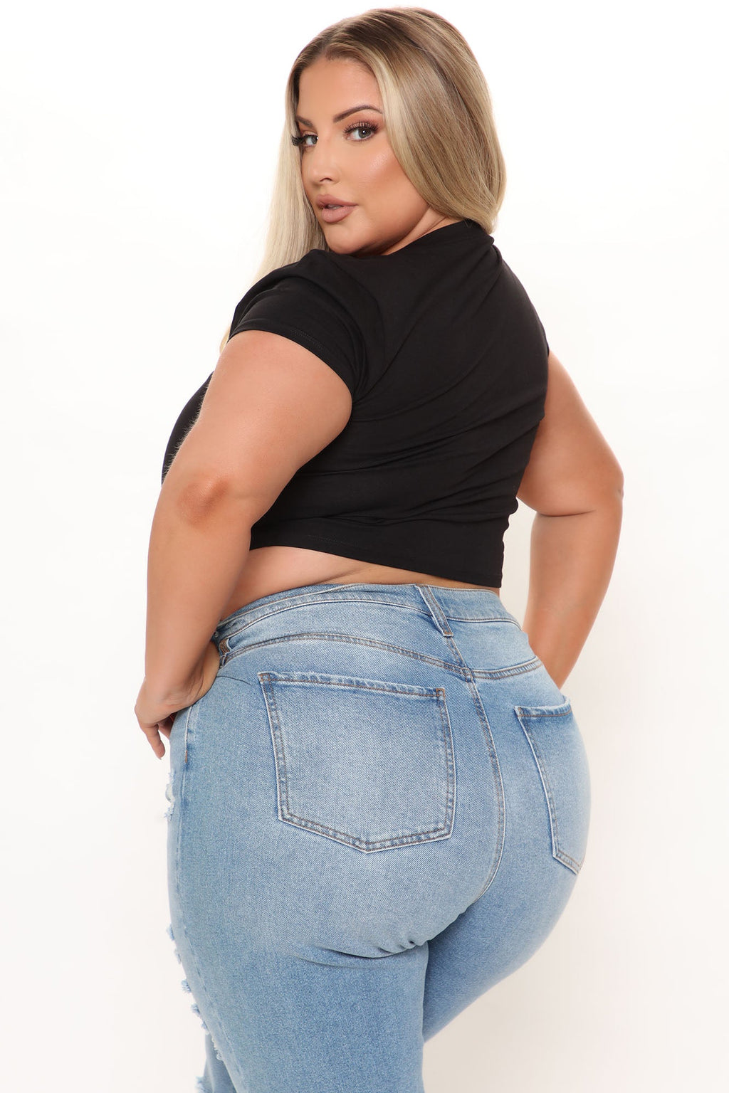 Carly V Neck Crop Tee - Black