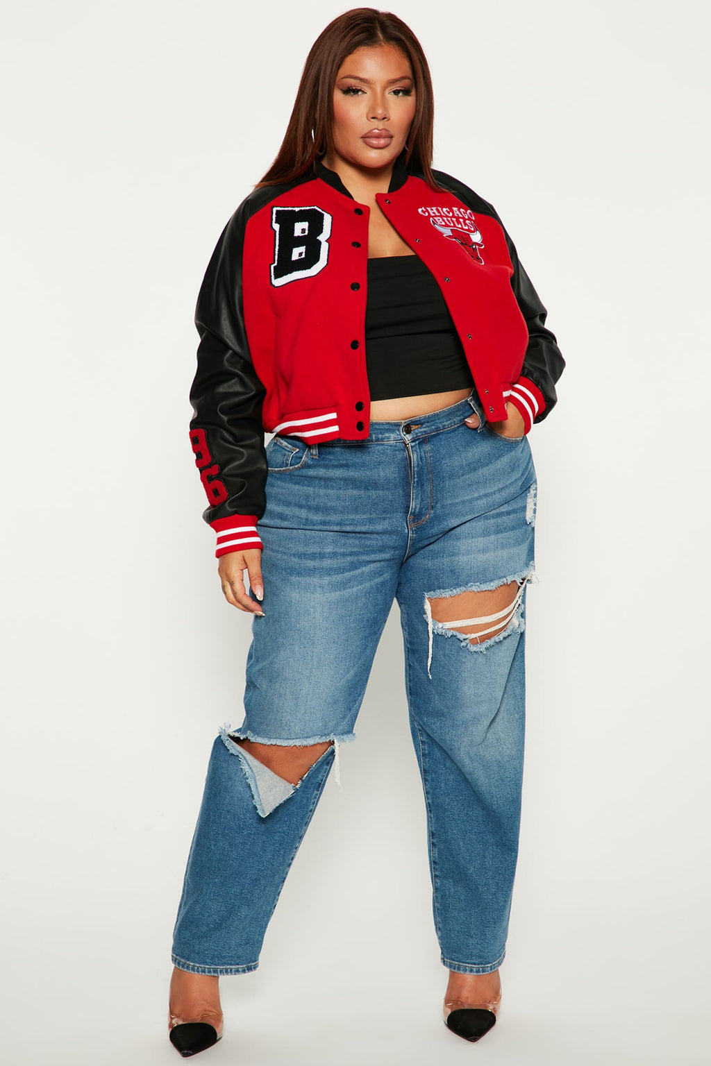 Bulls Cropped Letterman Jacket - Red/Black