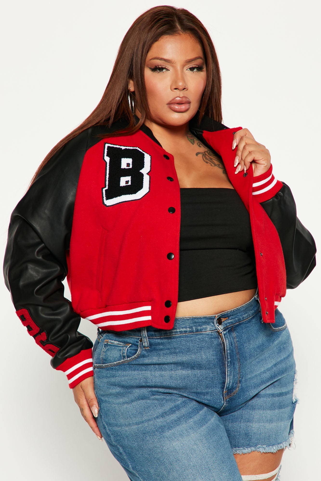 Bulls Cropped Letterman Jacket - Red/Black