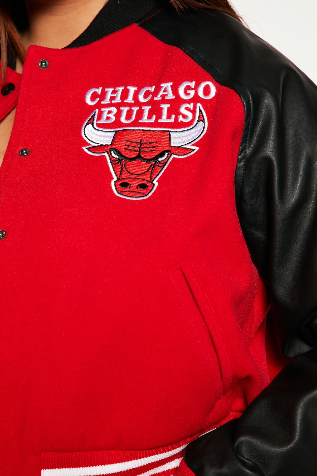 Bulls Cropped Letterman Jacket - Red/Black