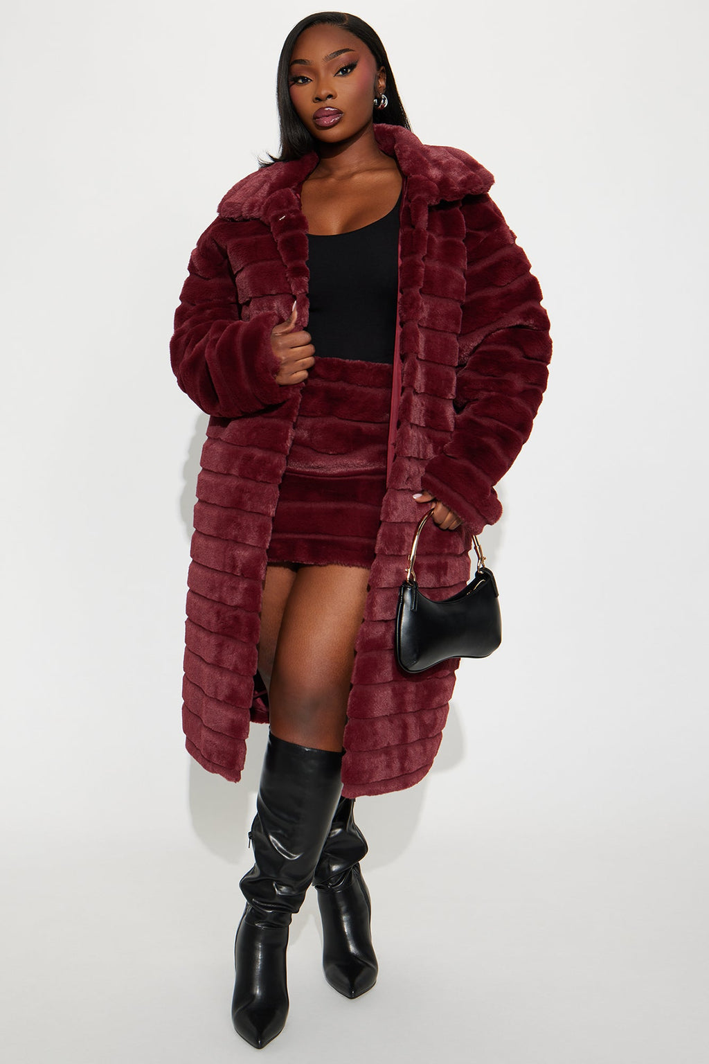 Paloma Faux Fur Trench Coat - Burgundy