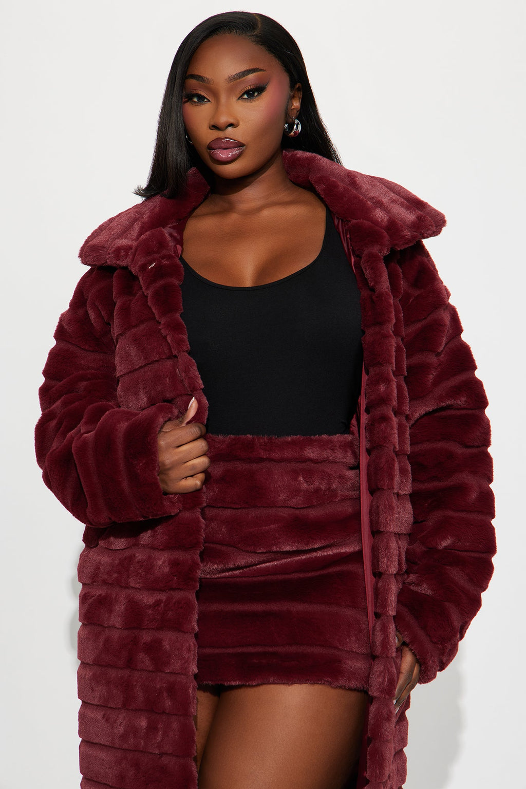 Paloma Faux Fur Trench Coat - Burgundy