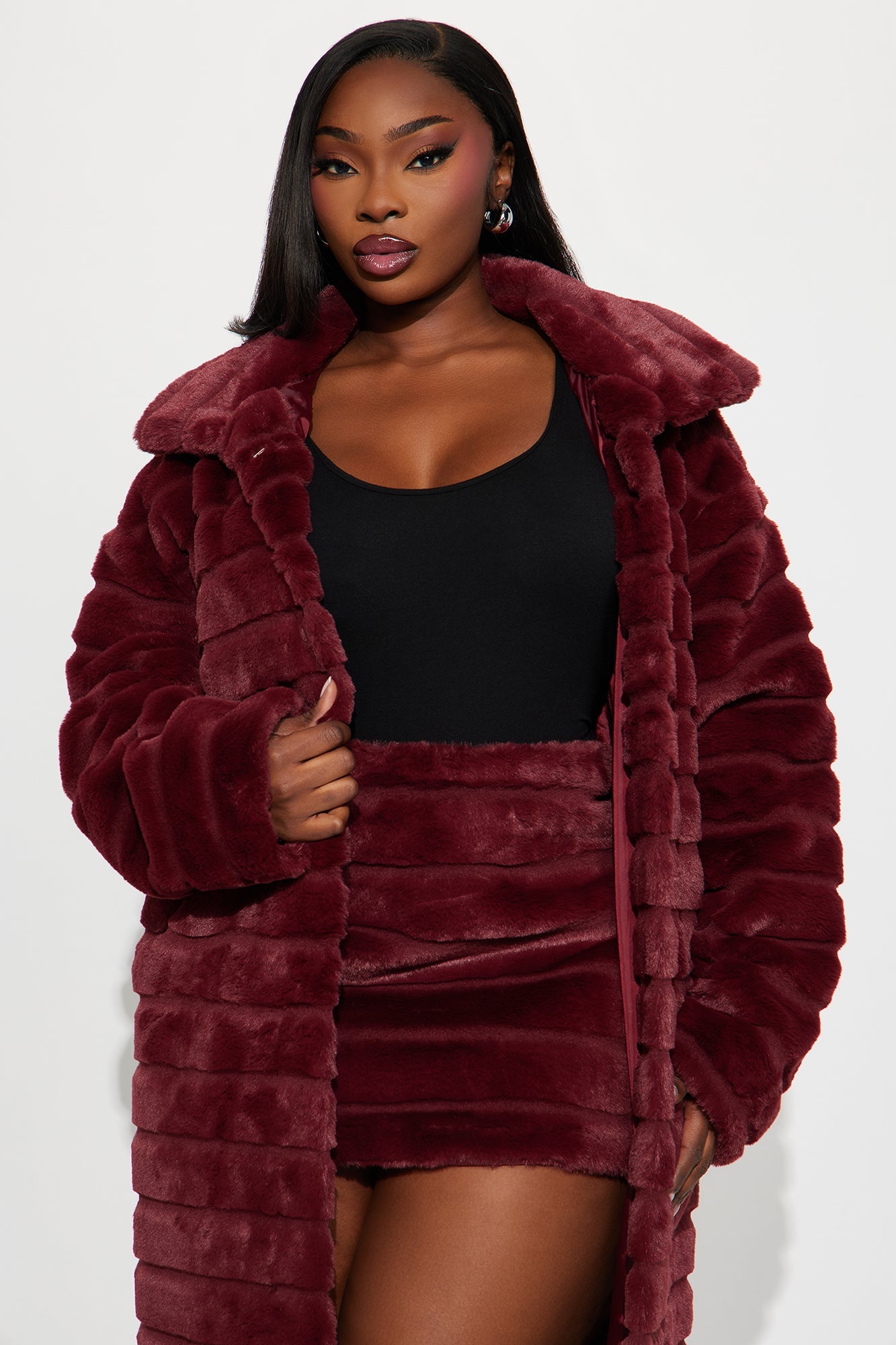 Paloma Faux Fur Trench Coat - Burgundy