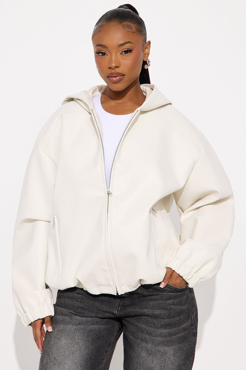 The Hottest Topic Faux Leather Oversized Bomber Jacket - Stone