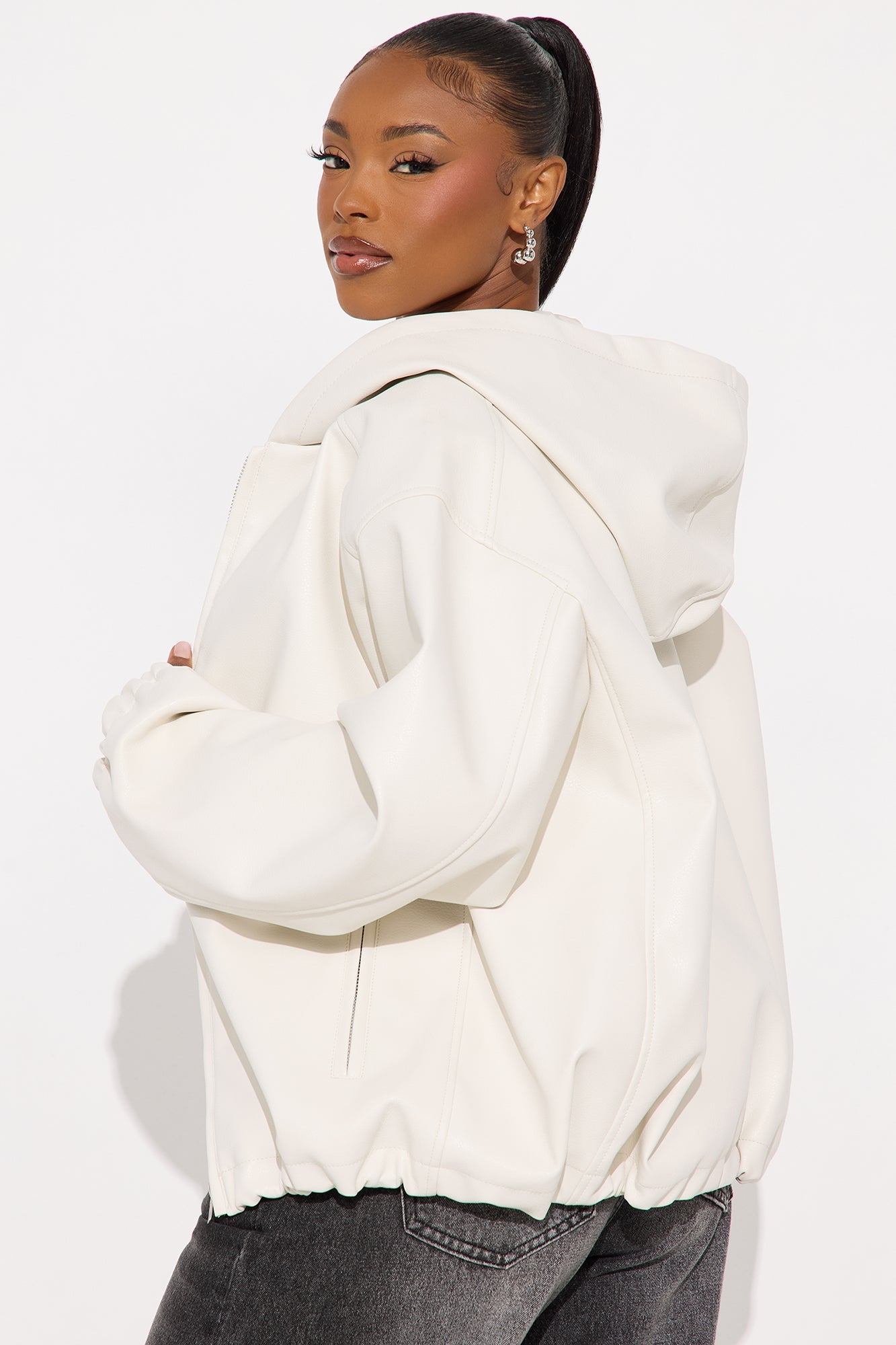 The Hottest Topic Faux Leather Oversized Bomber Jacket - Stone