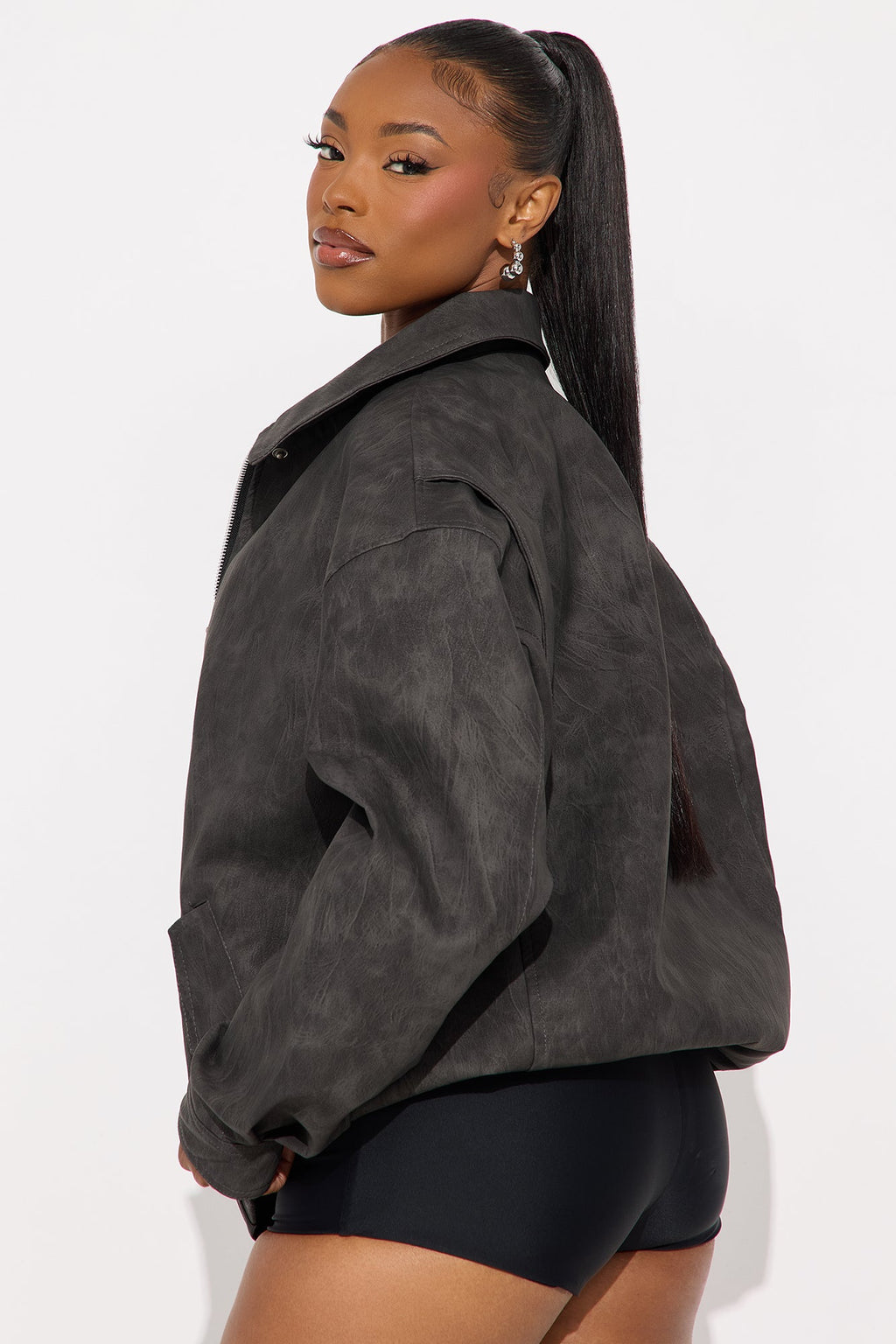 Alexis Washed Faux Leather Bomber Jacket - Black
