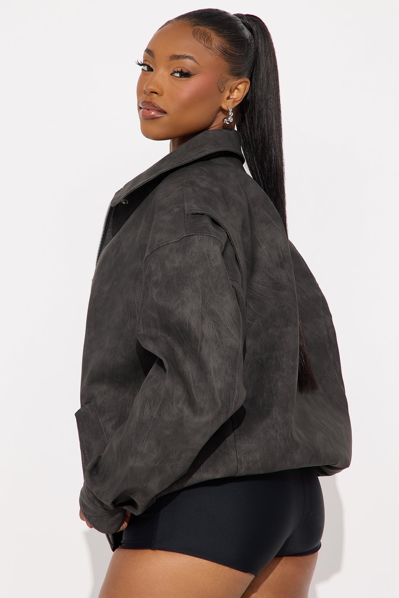 Alexis Washed Faux Leather Bomber Jacket - Black
