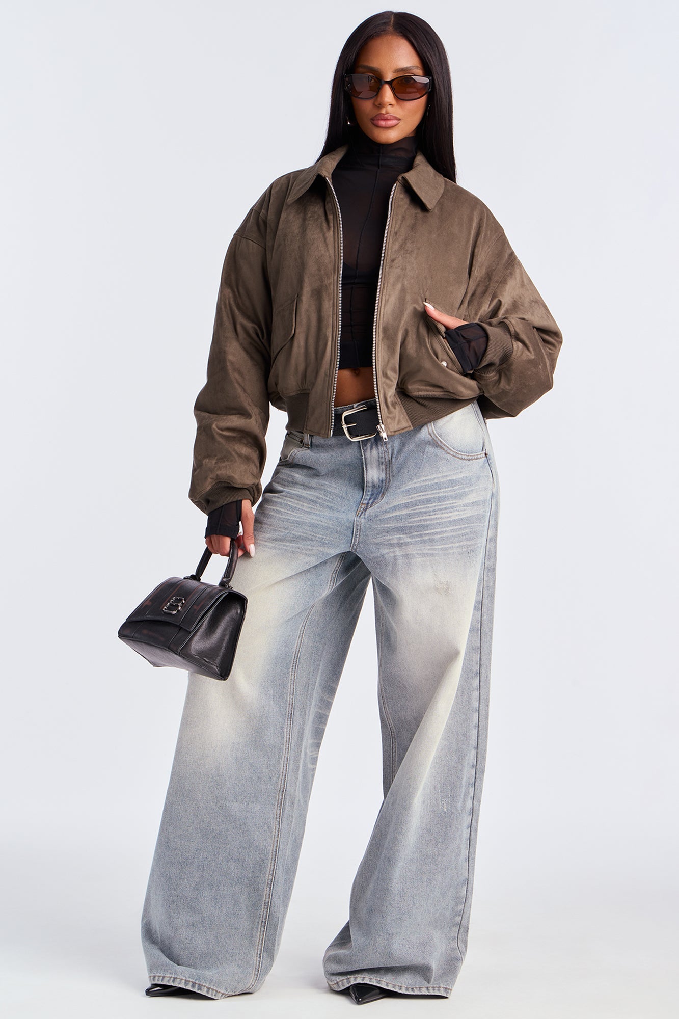 Jessica Cropped Faux Suede Bomber Jacket - Olive