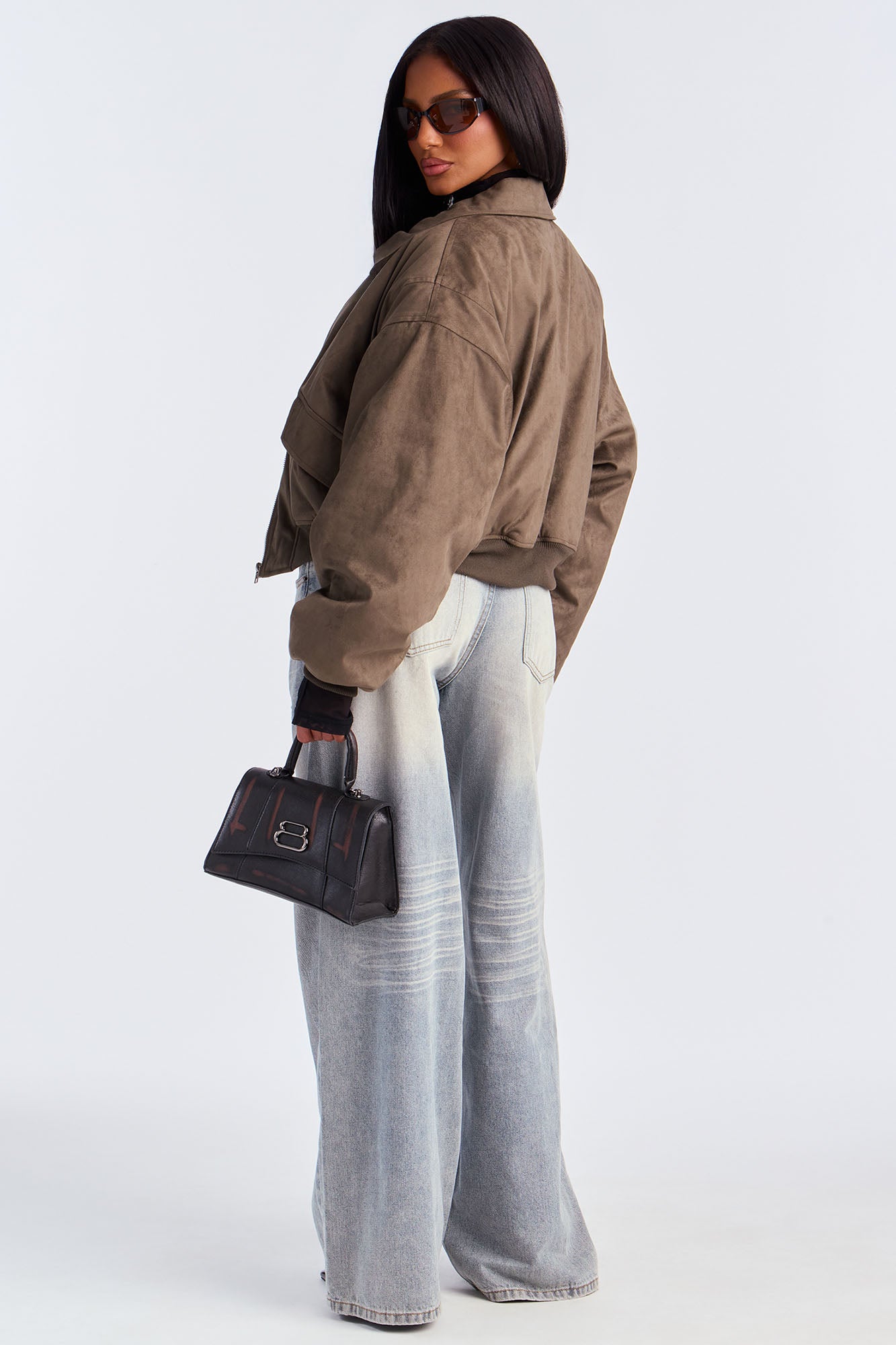 Jessica Cropped Faux Suede Bomber Jacket - Olive