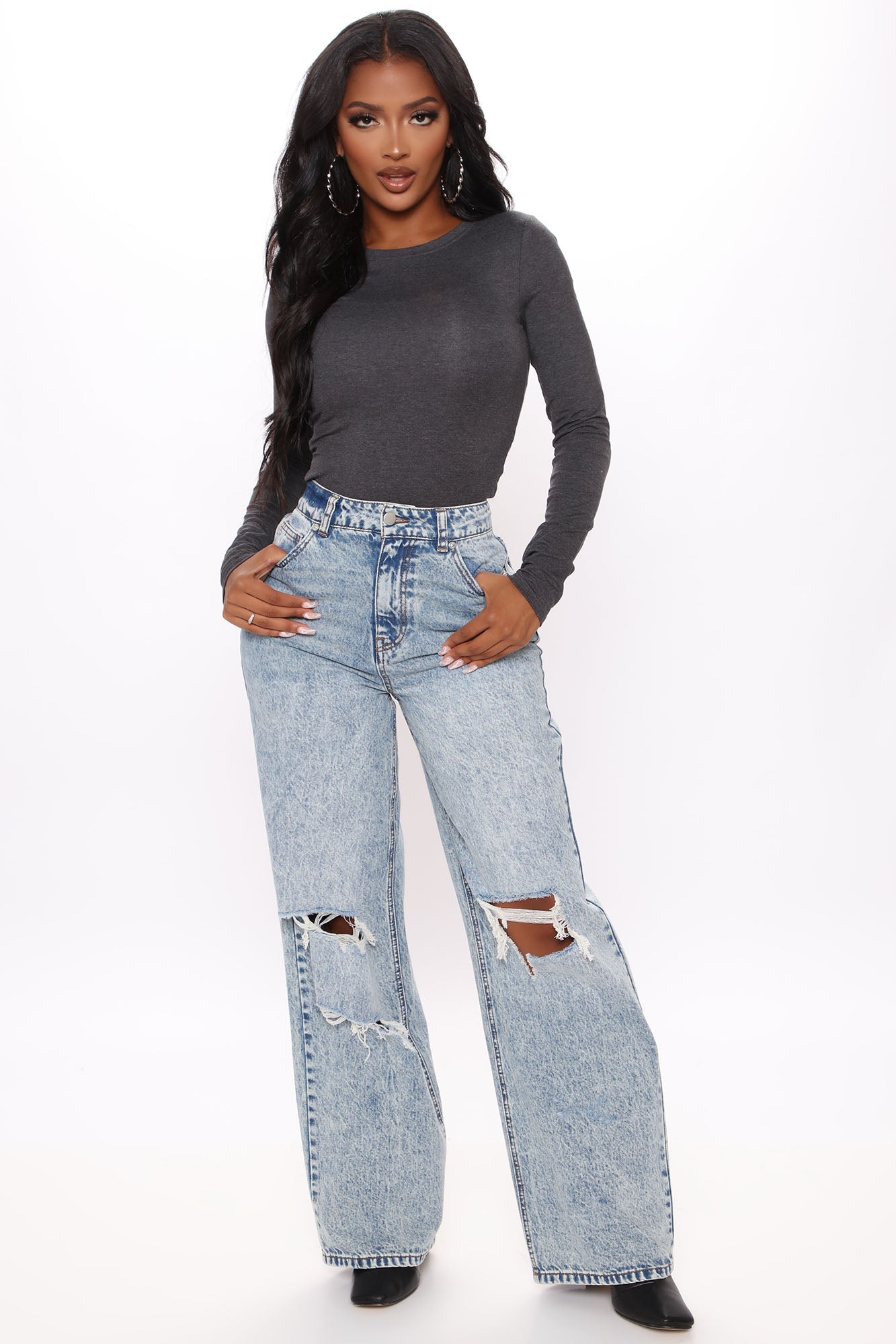 Lily Crew Neck Long Sleeve Top - Charcoal