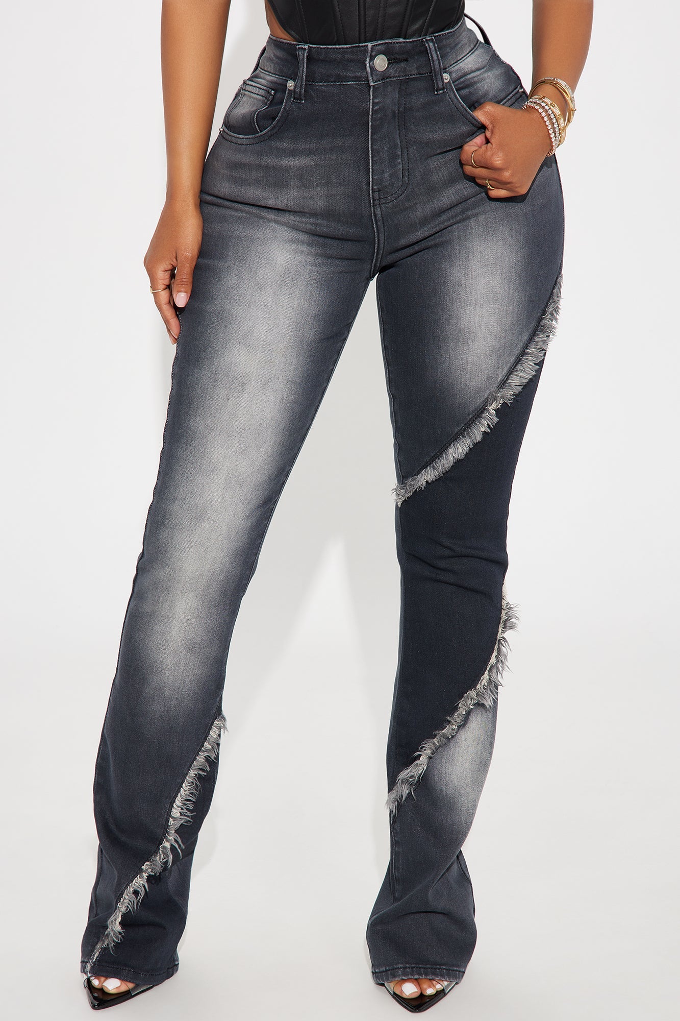 Think About It All The Time Two Tone Stretch Bootcut Jeans - Black Wash