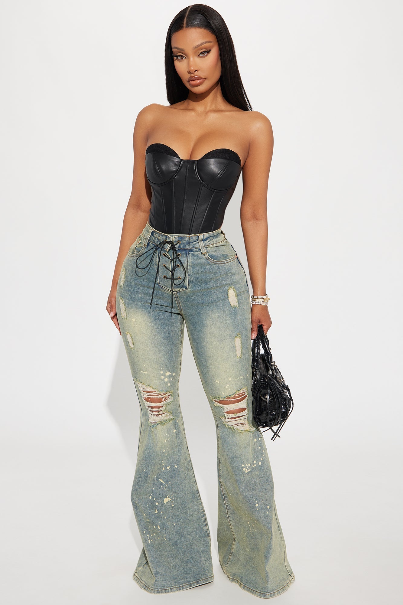 What Im About Stretch Lace Up Tinted Flare Jeans - Vintage Wash