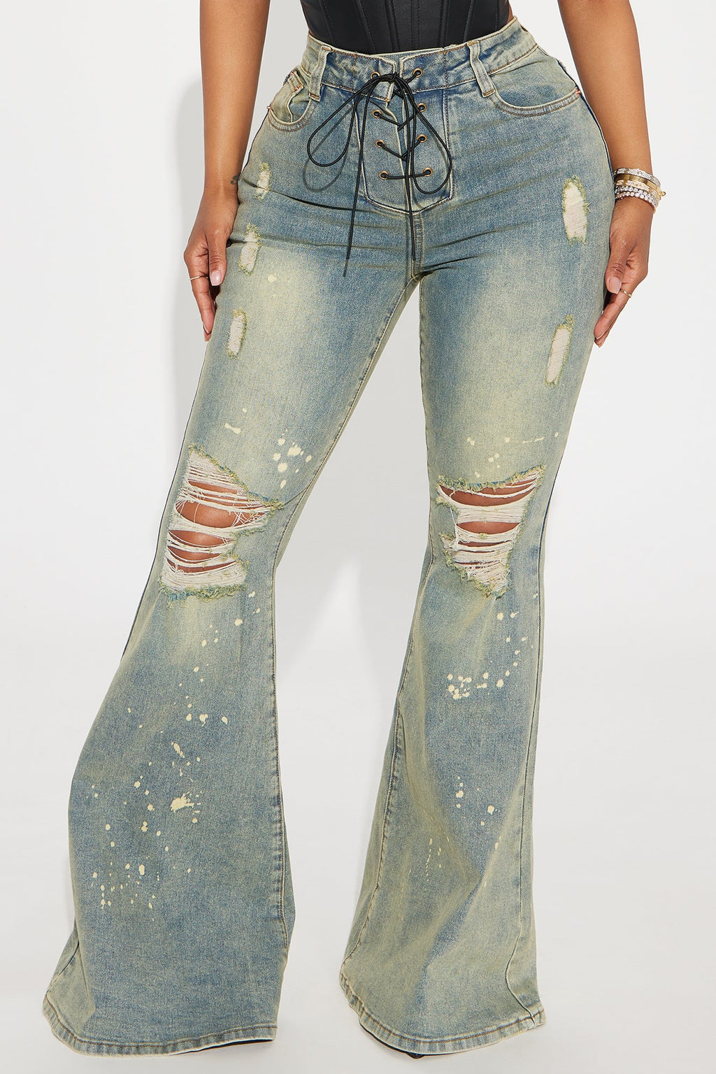 What Im About Stretch Lace Up Tinted Flare Jeans - Vintage Wash