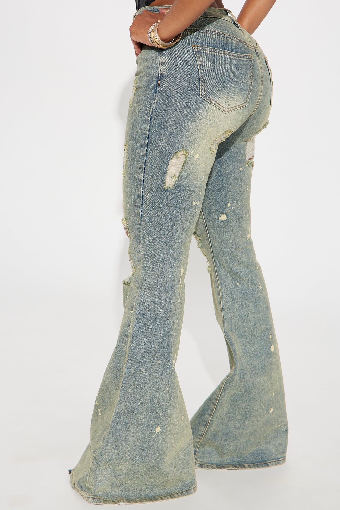 What Im About Stretch Lace Up Tinted Flare Jeans - Vintage Wash