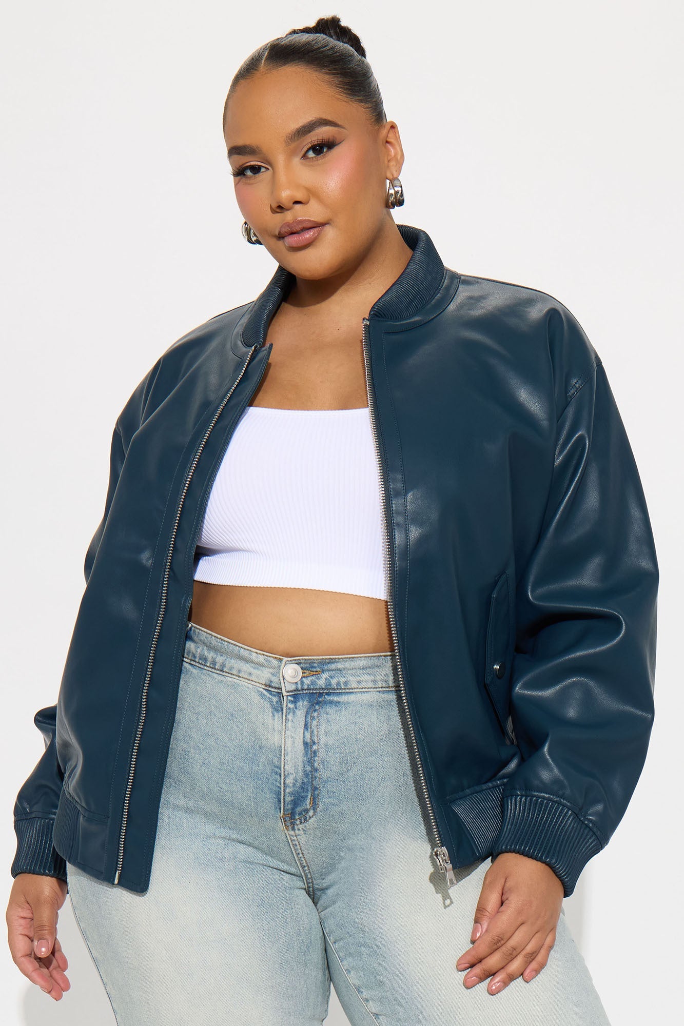 Gabrielle Faux Leather Bomber Jacket - Teal
