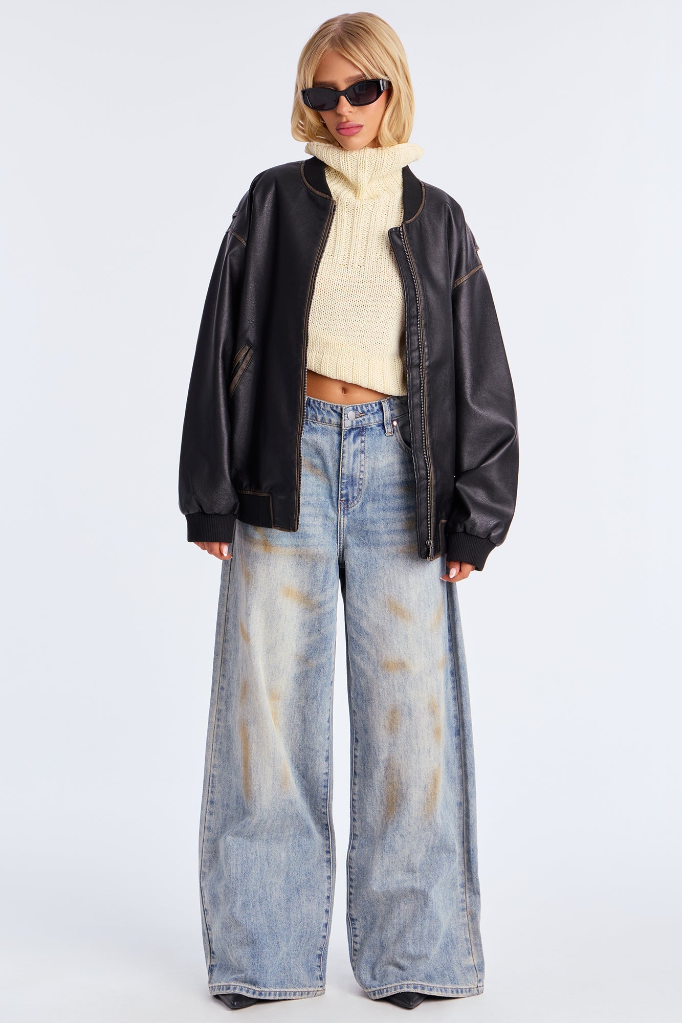 Adriana Faux Leather Bomber Jacket - Black