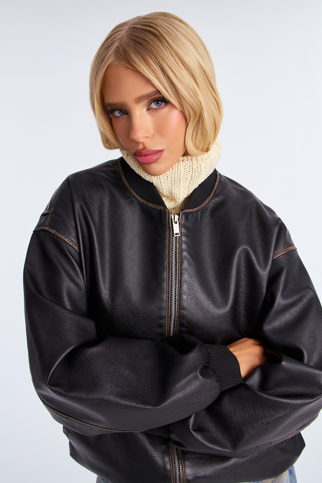 Adriana Faux Leather Bomber Jacket - Black