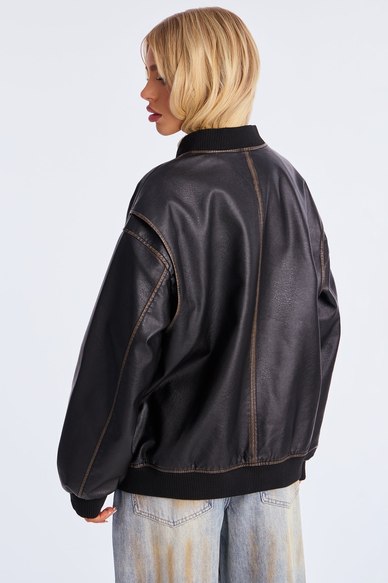 Adriana Faux Leather Bomber Jacket - Black
