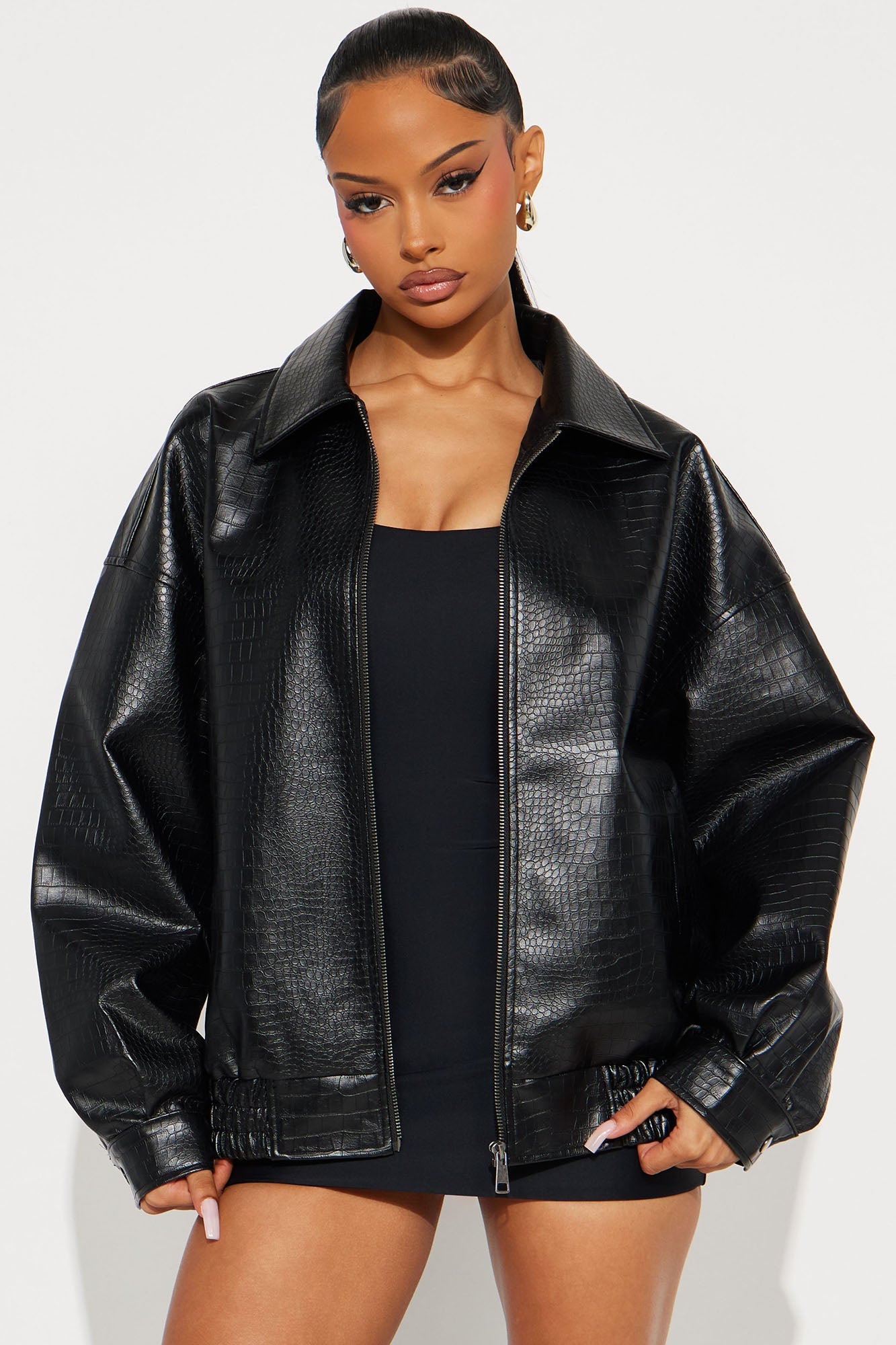 Lola Croc Faux Leather Bomber Jacket - Black