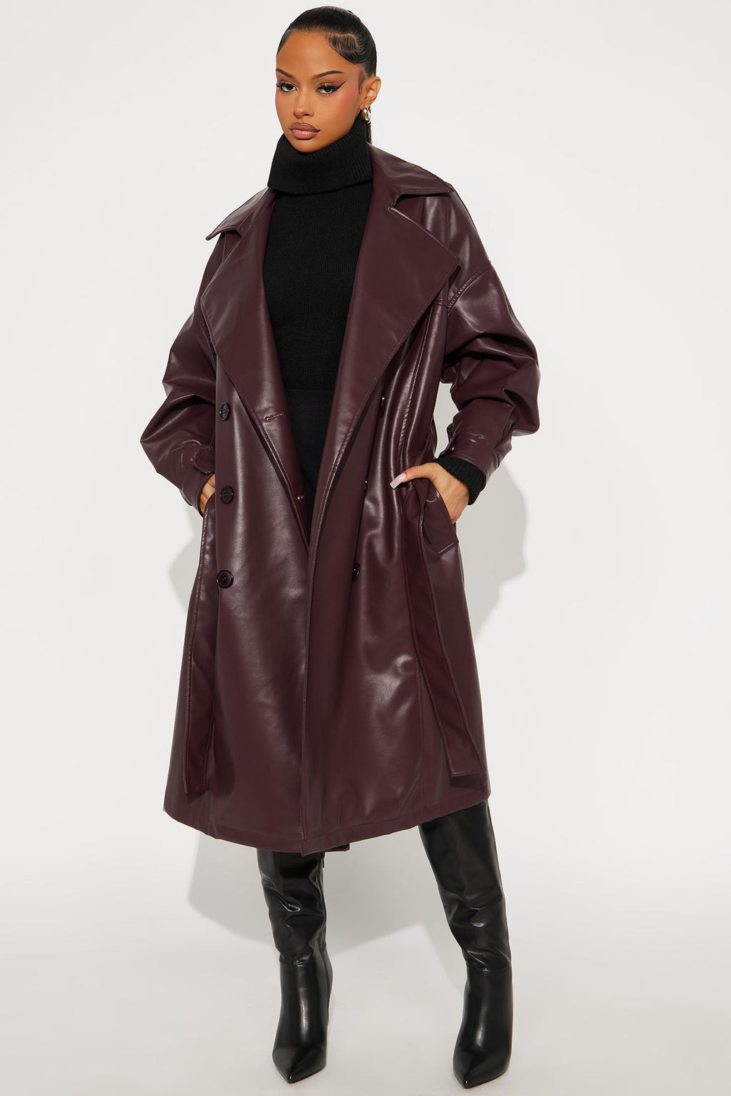 Celeste Faux Leather Trench - Burgundy