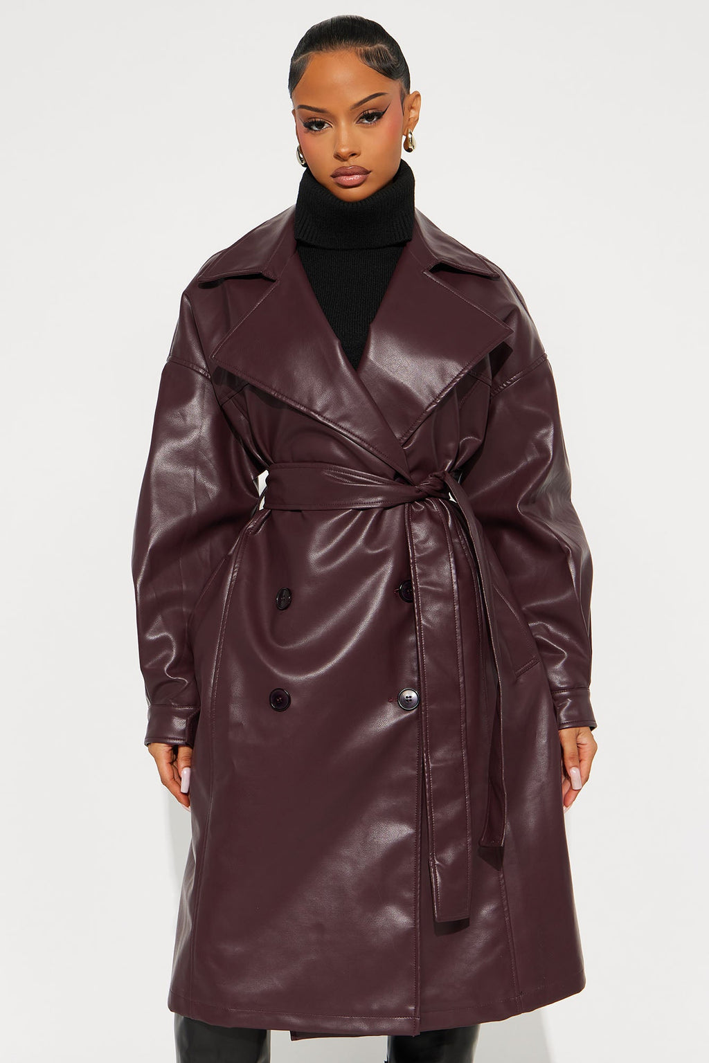 Celeste Faux Leather Trench - Burgundy