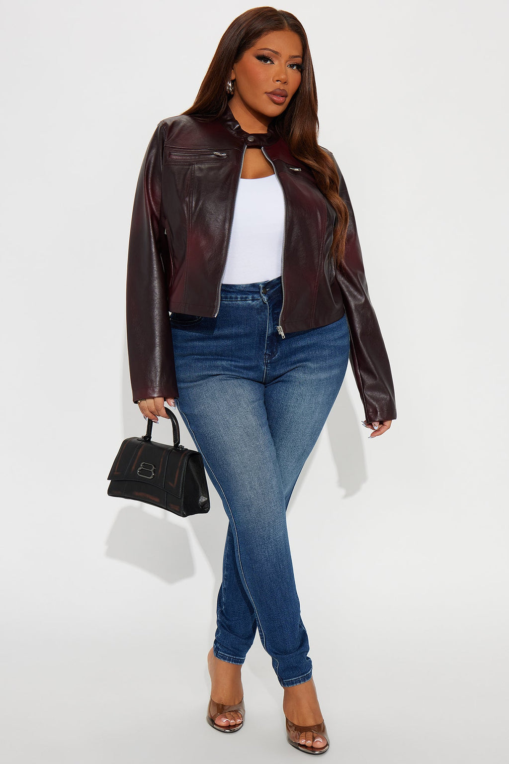 Burning Rose Washed Faux Leather Moto Jacket - Wine