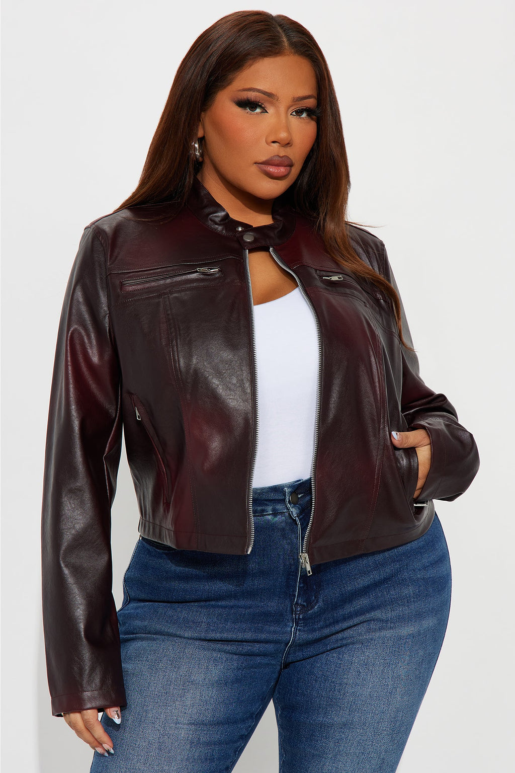 Burning Rose Washed Faux Leather Moto Jacket - Wine