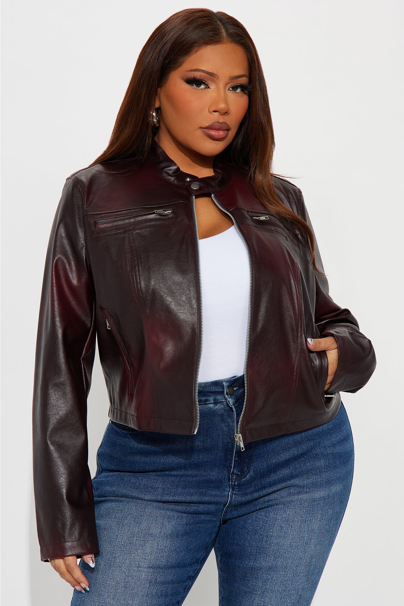 Burning Rose Washed Faux Leather Moto Jacket - Wine