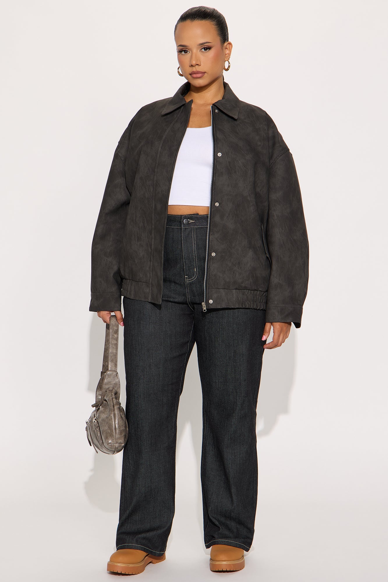 Alexis Washed Faux Leather Bomber Jacket - Black