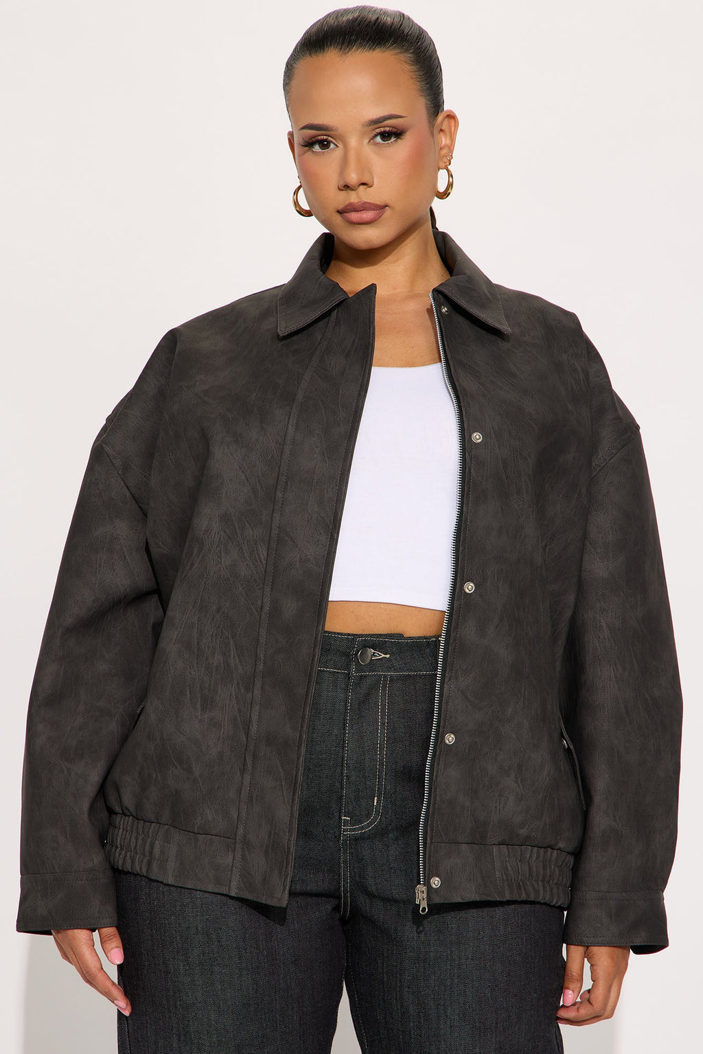 Alexis Washed Faux Leather Bomber Jacket - Black