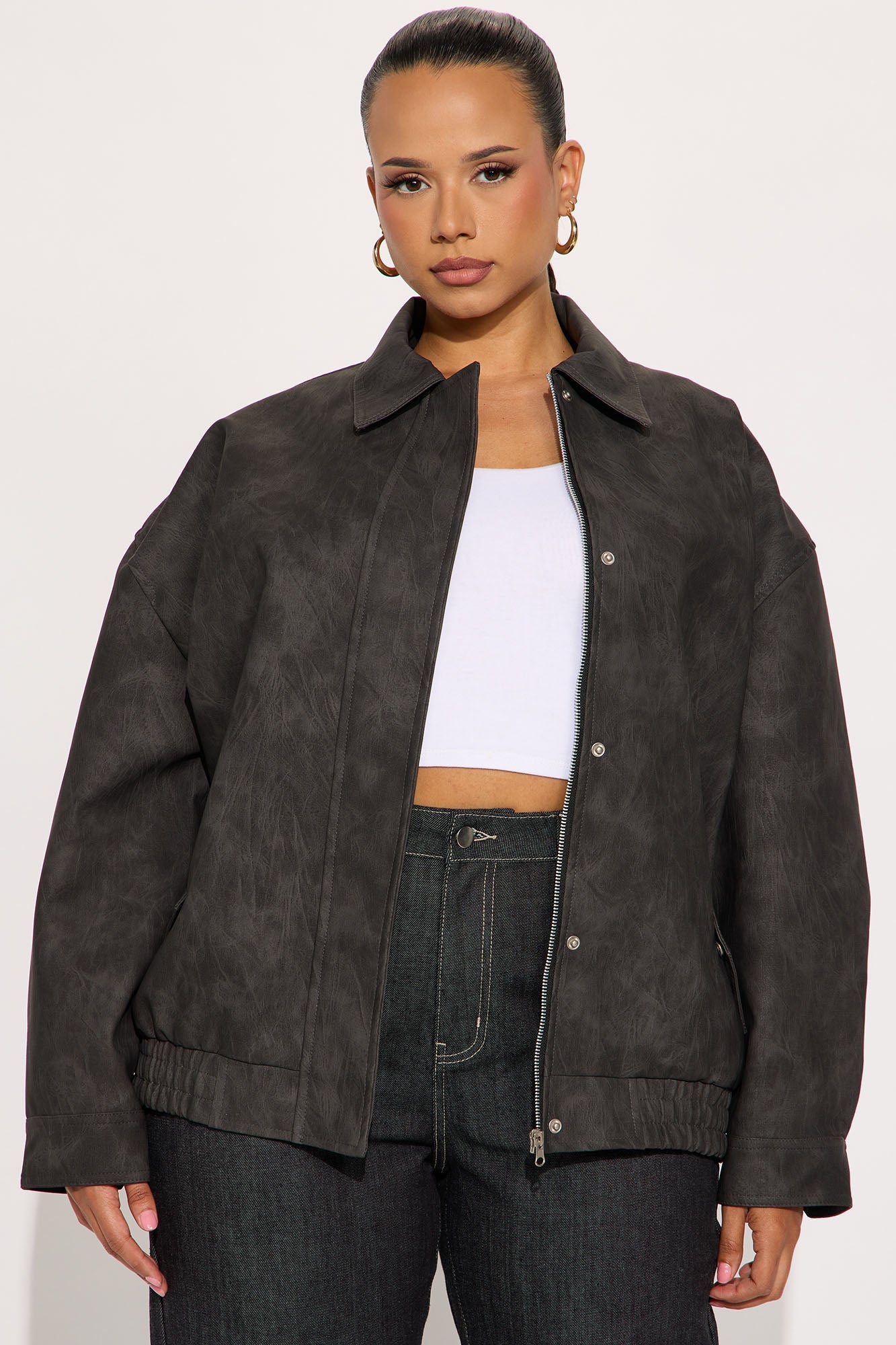 Alexis Washed Faux Leather Bomber Jacket - Black