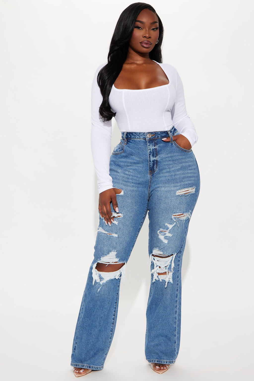 Posted Stretch Ripped Straight Leg Jeans - Medium Wash
