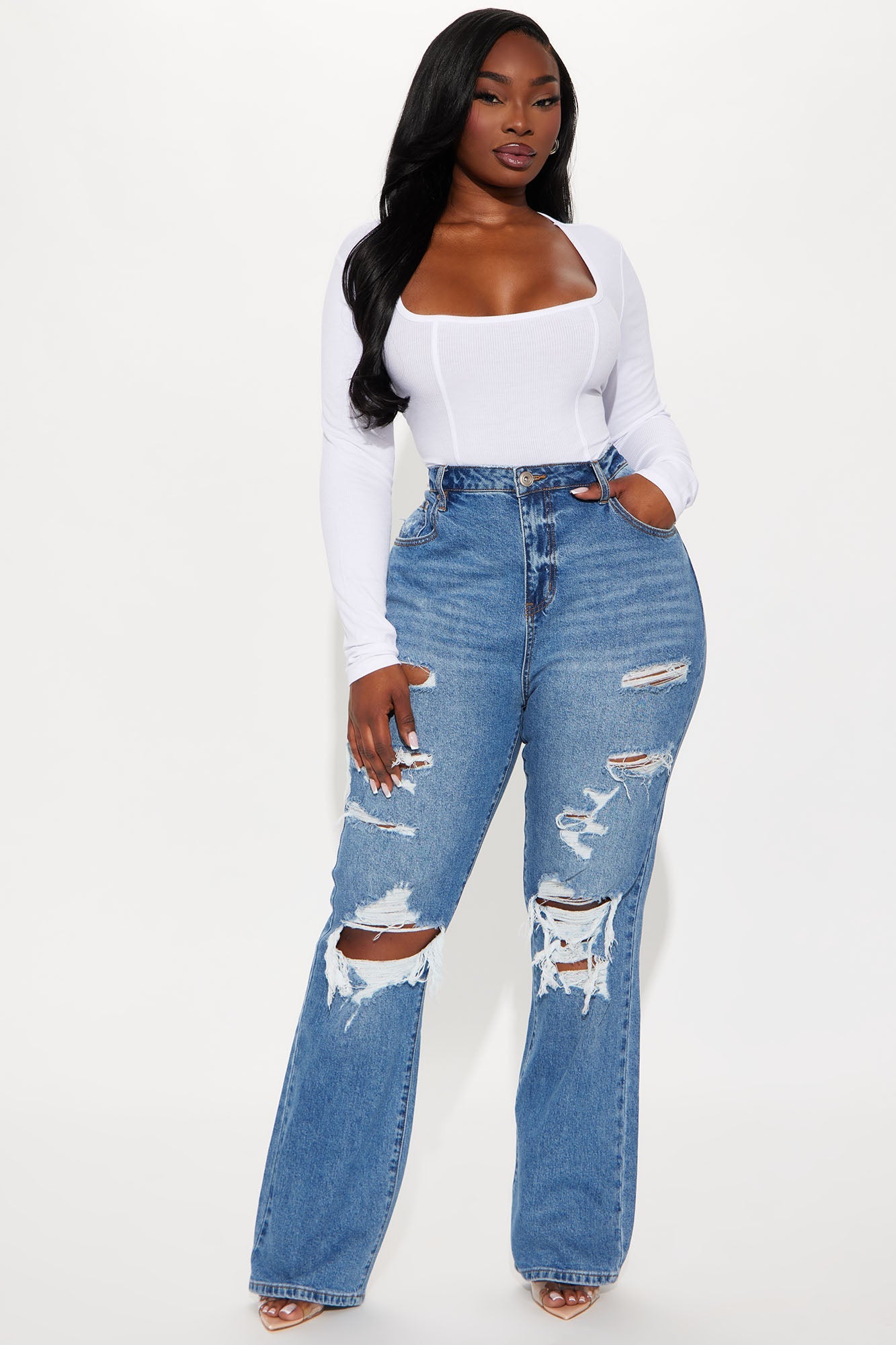 Posted Stretch Ripped Straight Leg Jeans - Medium Wash