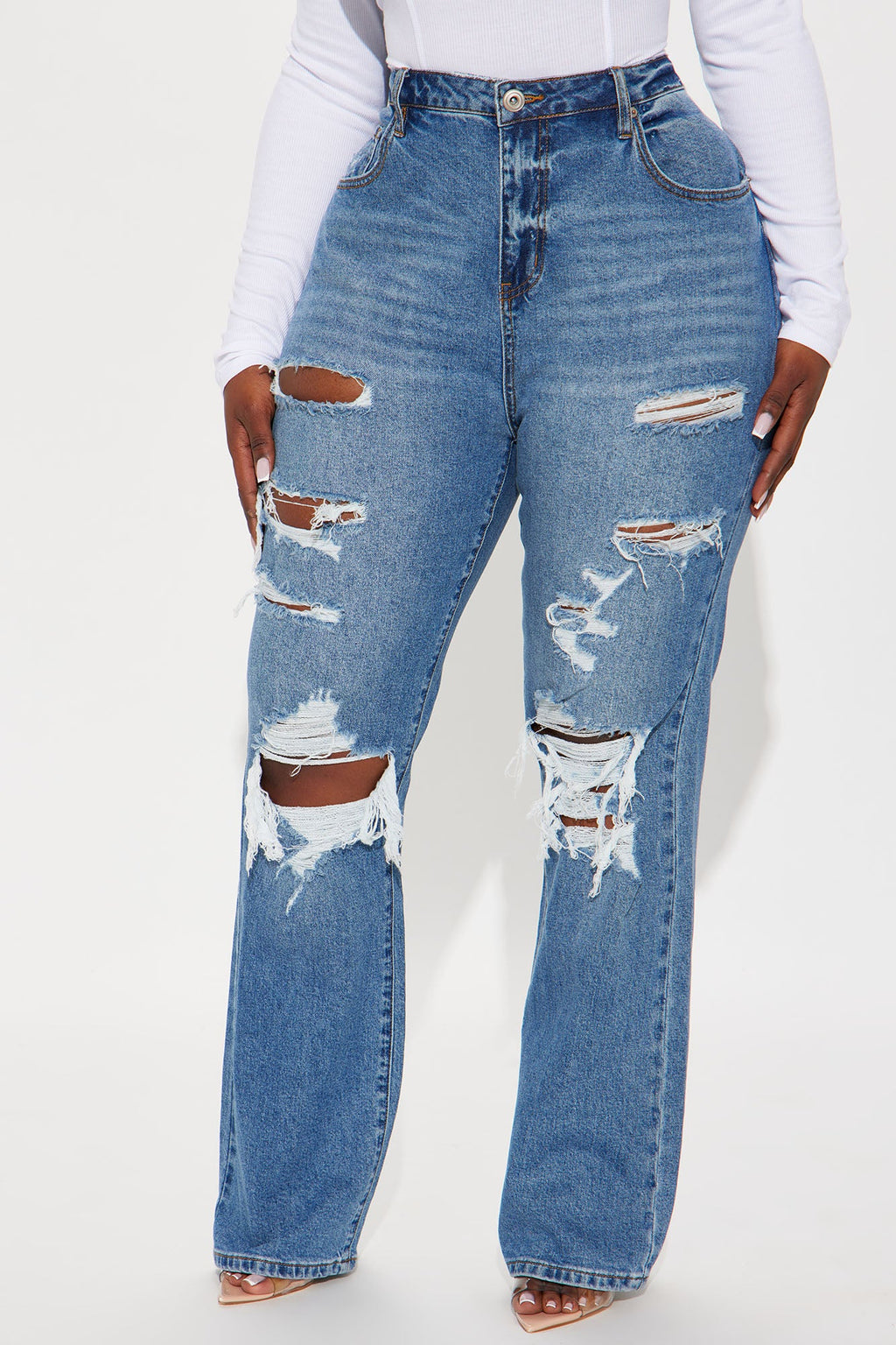 Posted Stretch Ripped Straight Leg Jeans - Medium Wash