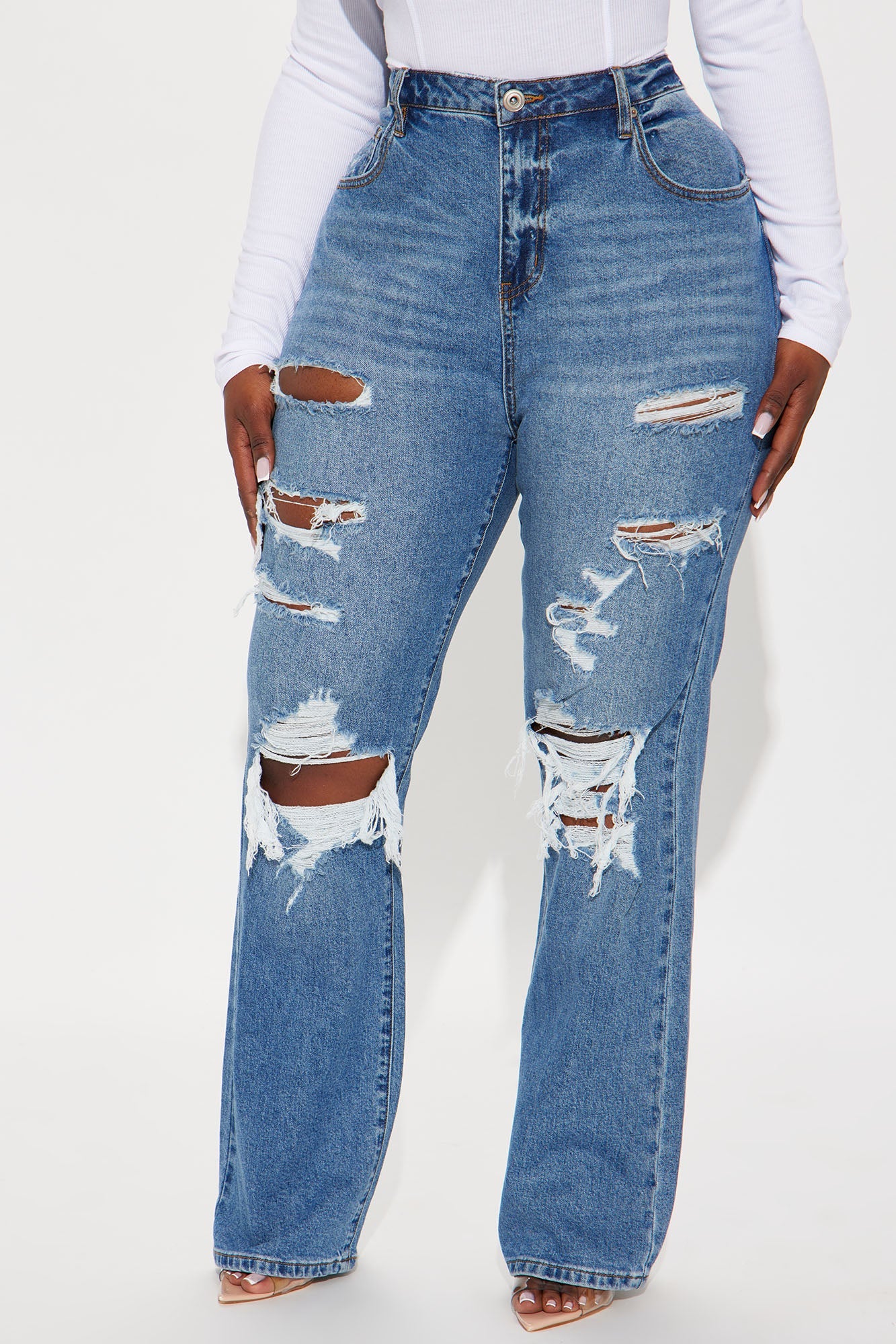 Posted Stretch Ripped Straight Leg Jeans - Medium Wash
