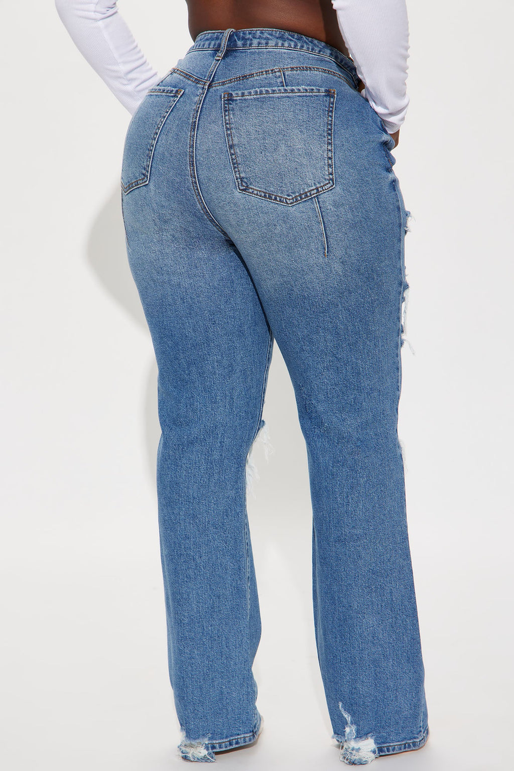 Posted Stretch Ripped Straight Leg Jeans - Medium Wash