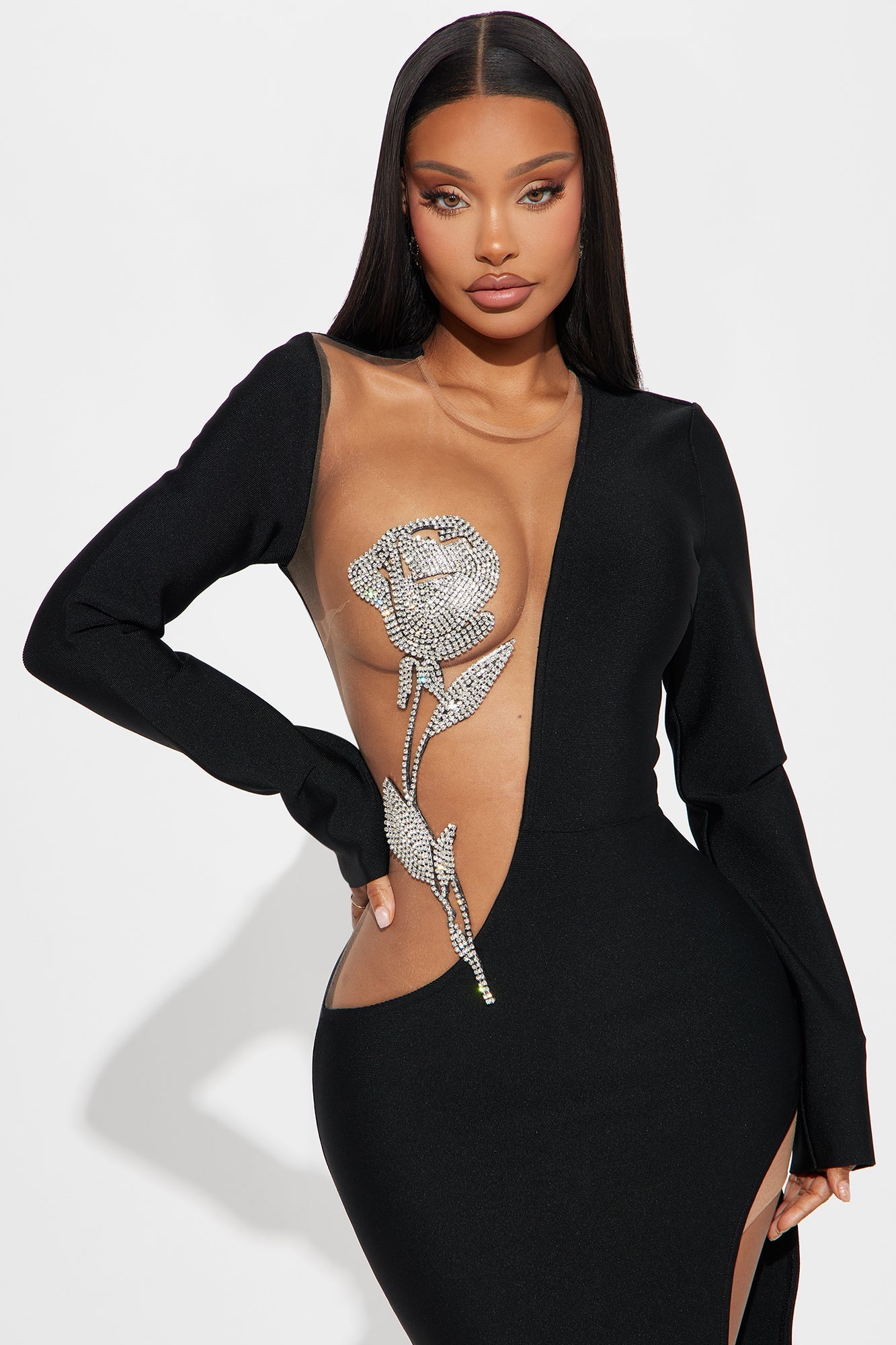 Mary Embellished Rose Maxi Dress - Black