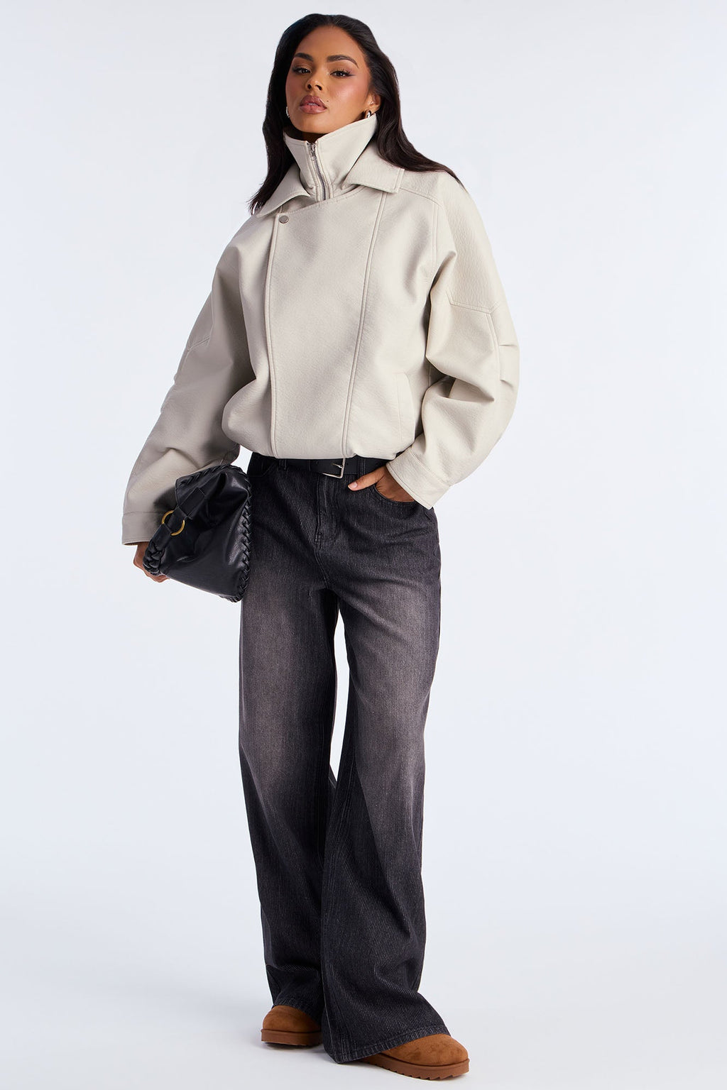 Harlem Faux Leather Moto Jacket - Stone