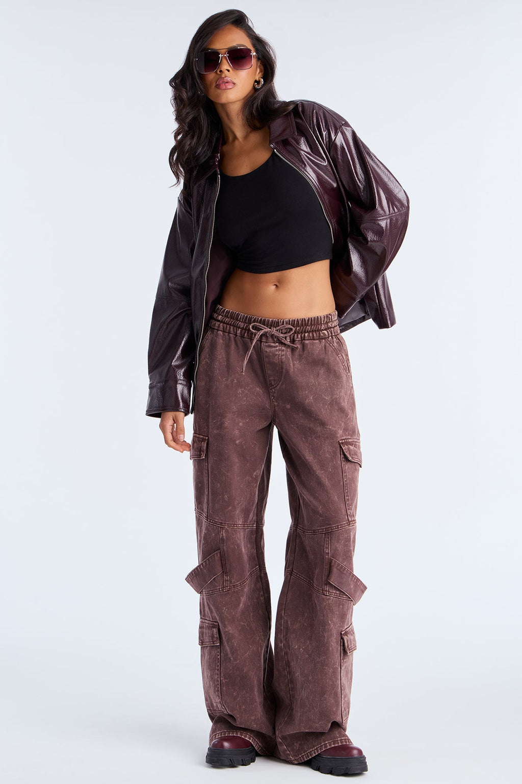 Quinn Faux Leather Oversized Trucker Jacket - Burgundy