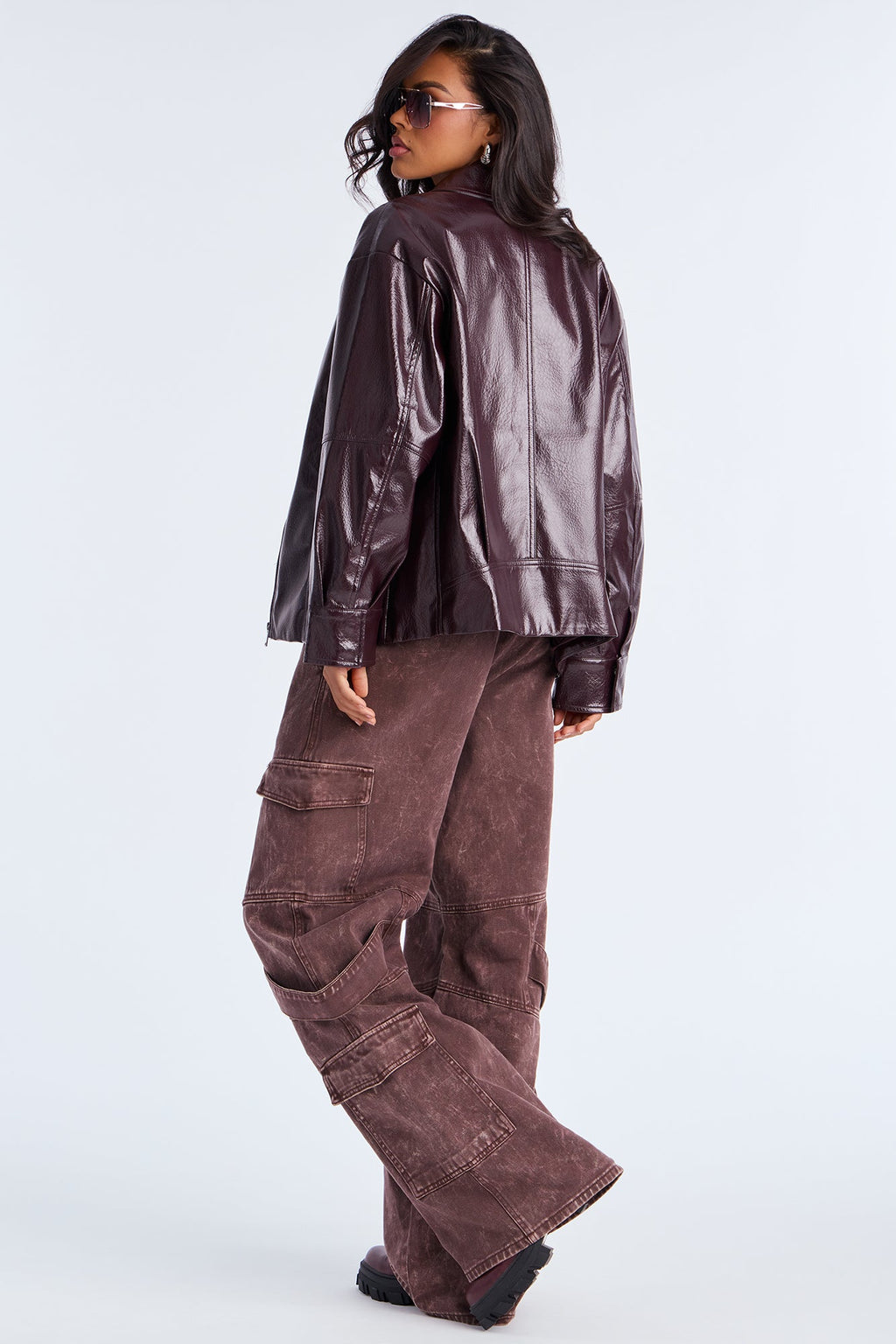 Quinn Faux Leather Oversized Trucker Jacket - Burgundy